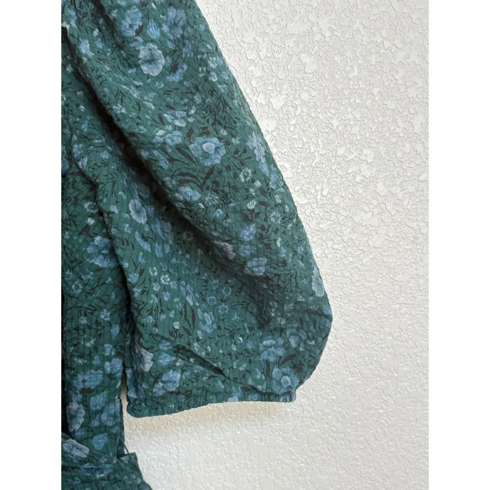 Madewell Green Floral Puff Sleeve Wrap Top Cotton V-Neck Blouse Size Medium